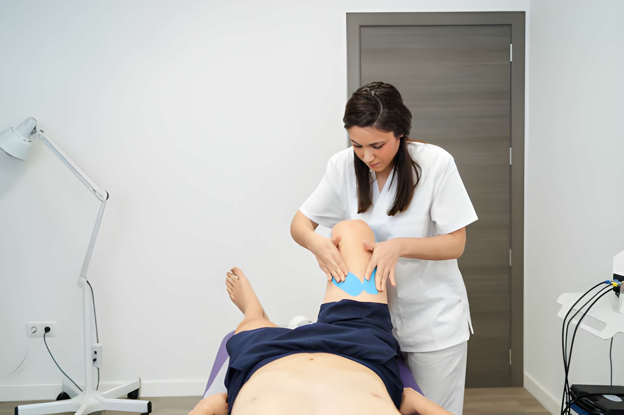 Neuromuscular therapy massage St Petersburg FL session with blue tape applied to patient’s knee in rehab clinic.