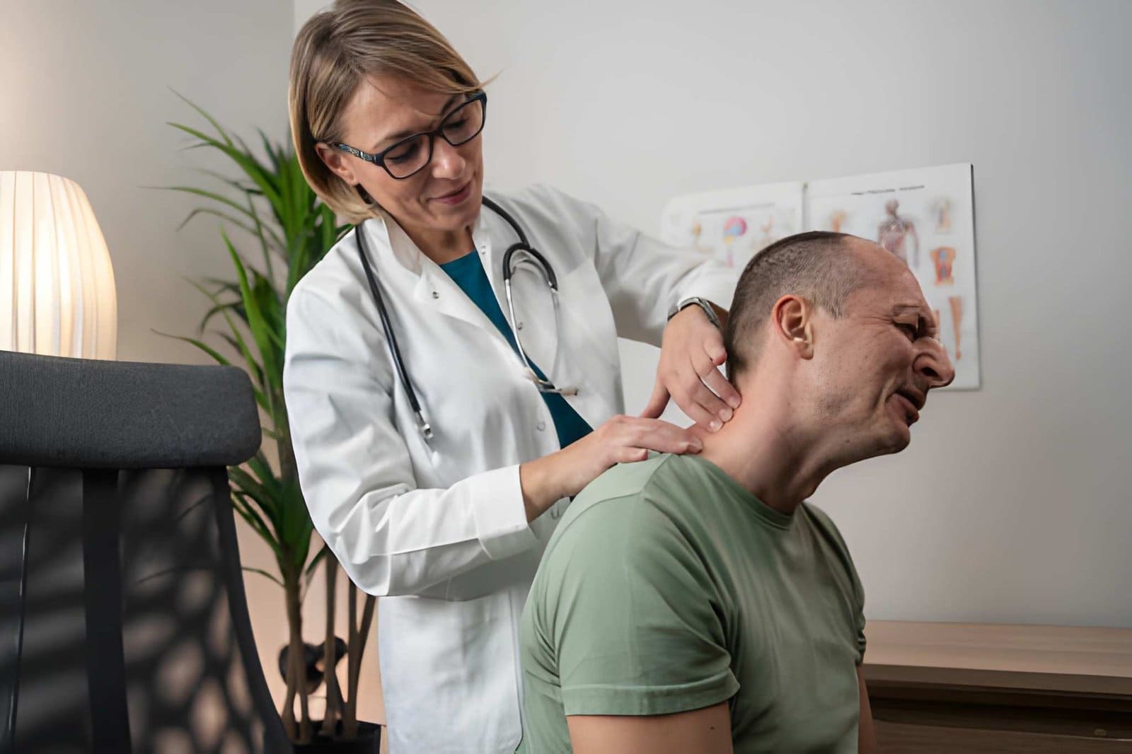 Best chiropractor in St Petersburg FL—doctor examining patient’s neck and upper back in clinic.