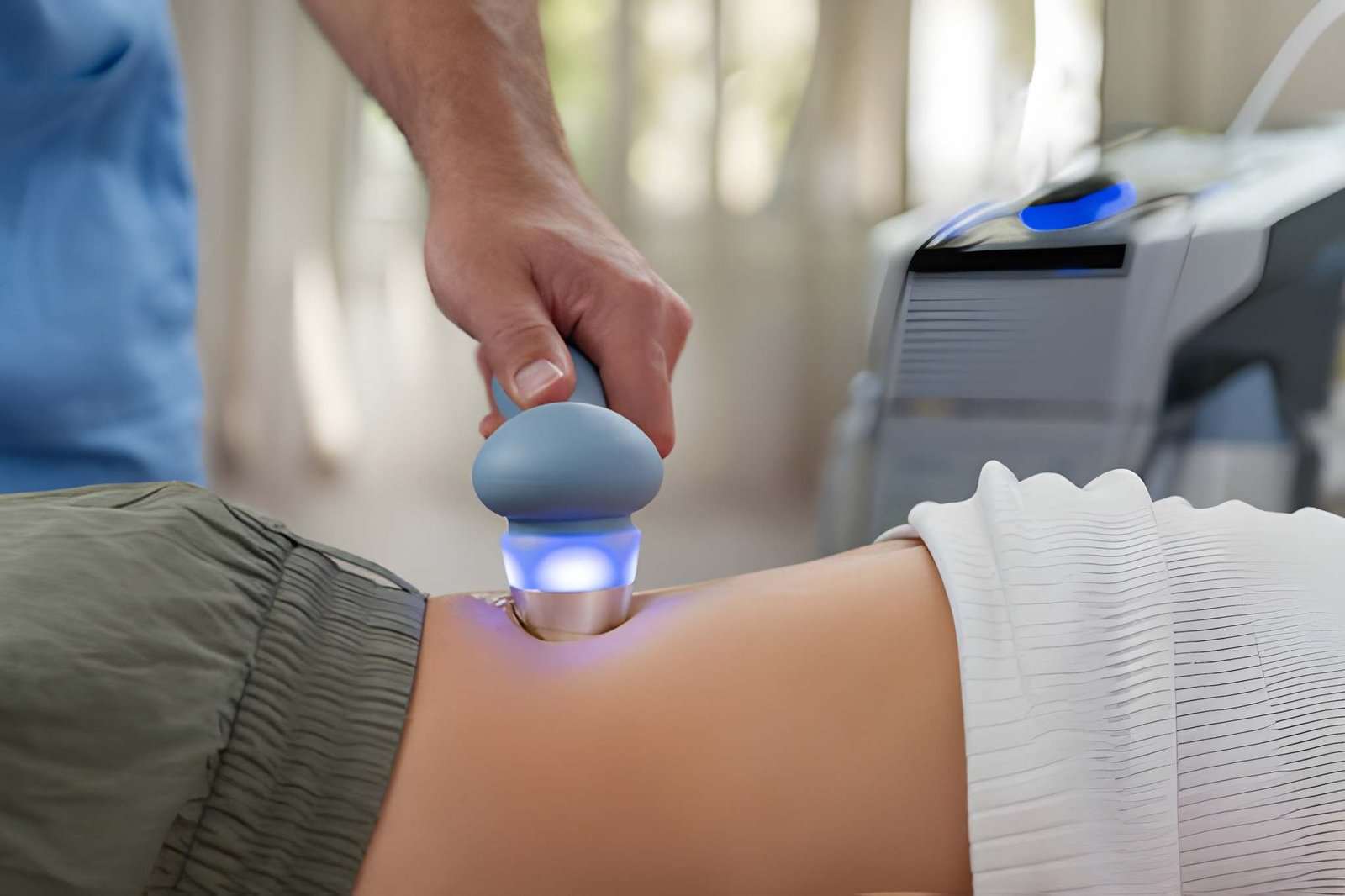 Softwave tissue regeneration technologies handheld device with glowing blue light applied to lower back during non-invasive therapy