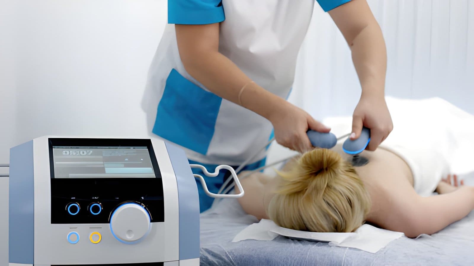 Medical professional utilizing Softwave Tissue Regeneration Technology with a handheld applicator on a patient's back.