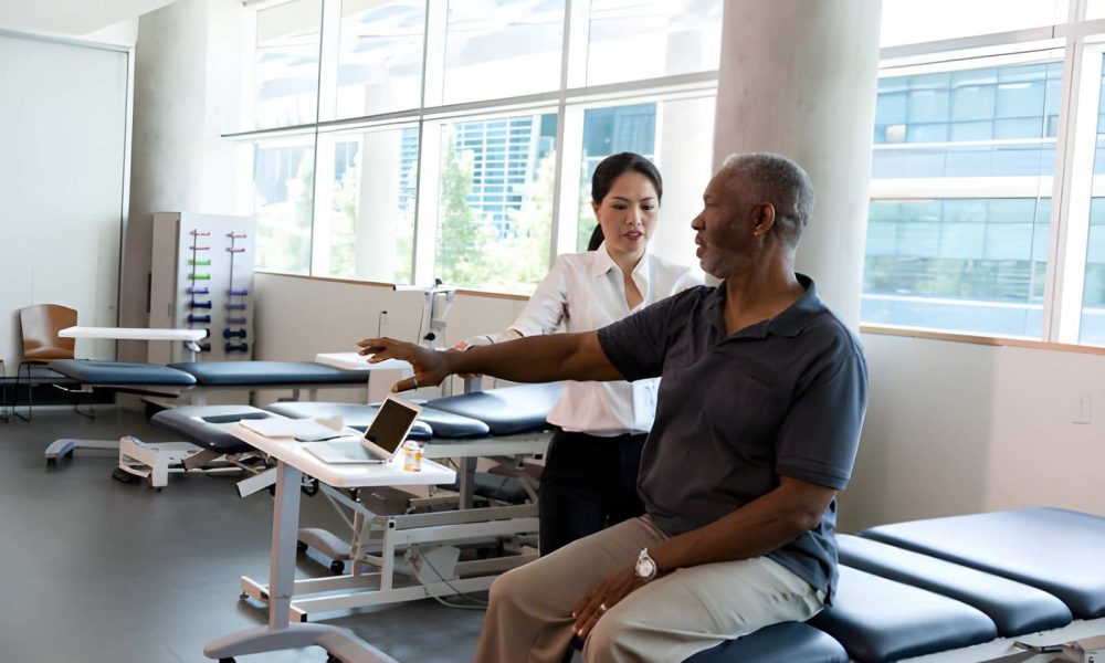 Best chiropractor in St Petersburg FL—therapist assisting patient with arm mobility exercise in clinic.