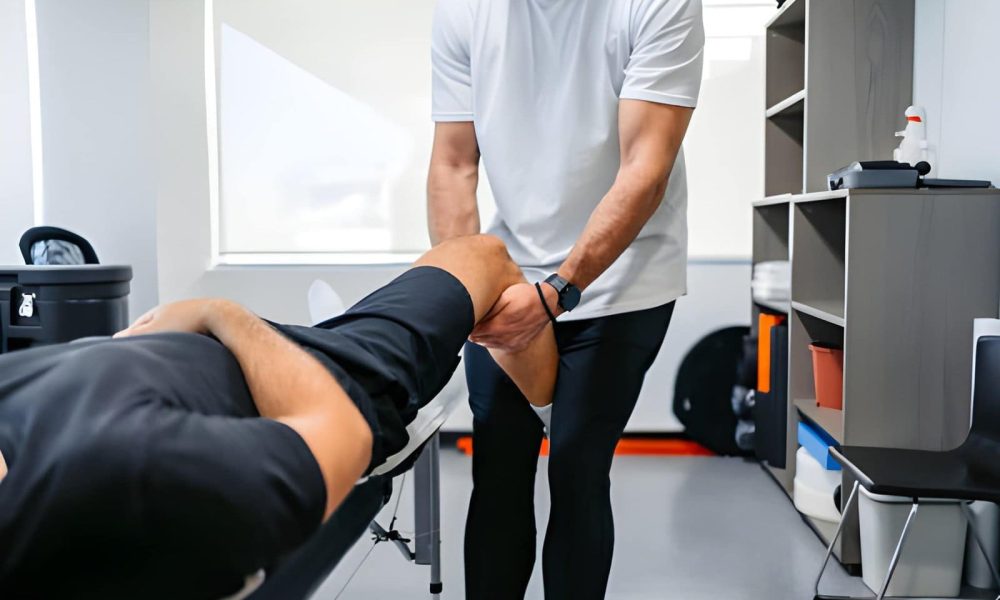 Physical therapy centers in St Petersburg FL therapist guiding a male patient through knee mobility exercises in a clinical setting.