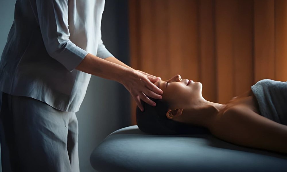St Petersburg FL massage—therapist giving calming head massage in spa setting.